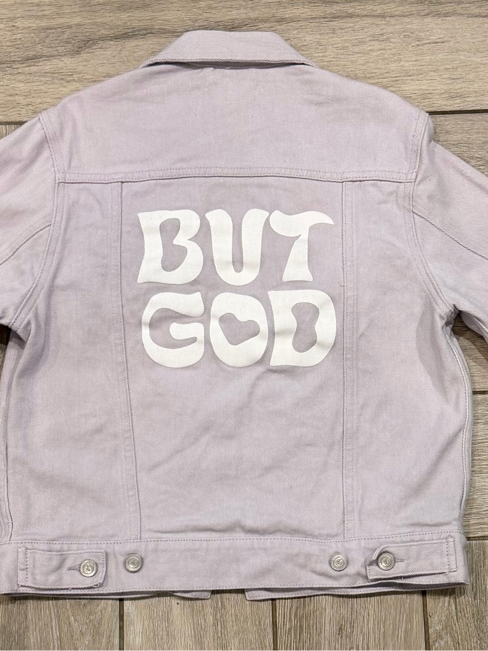 Lavender Graphic Back Denim Jacket - 'BUT GOD' Print
